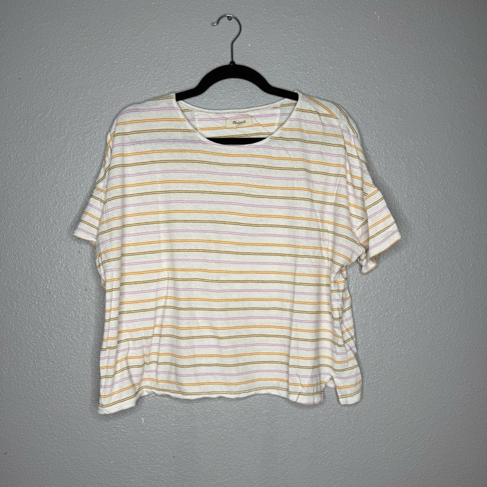 Madewell white stripped pink, green and orange tee shirt- L